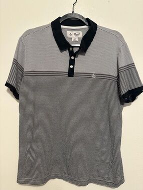 Original Penguin Black & White Striped Polo with Contrast Collar